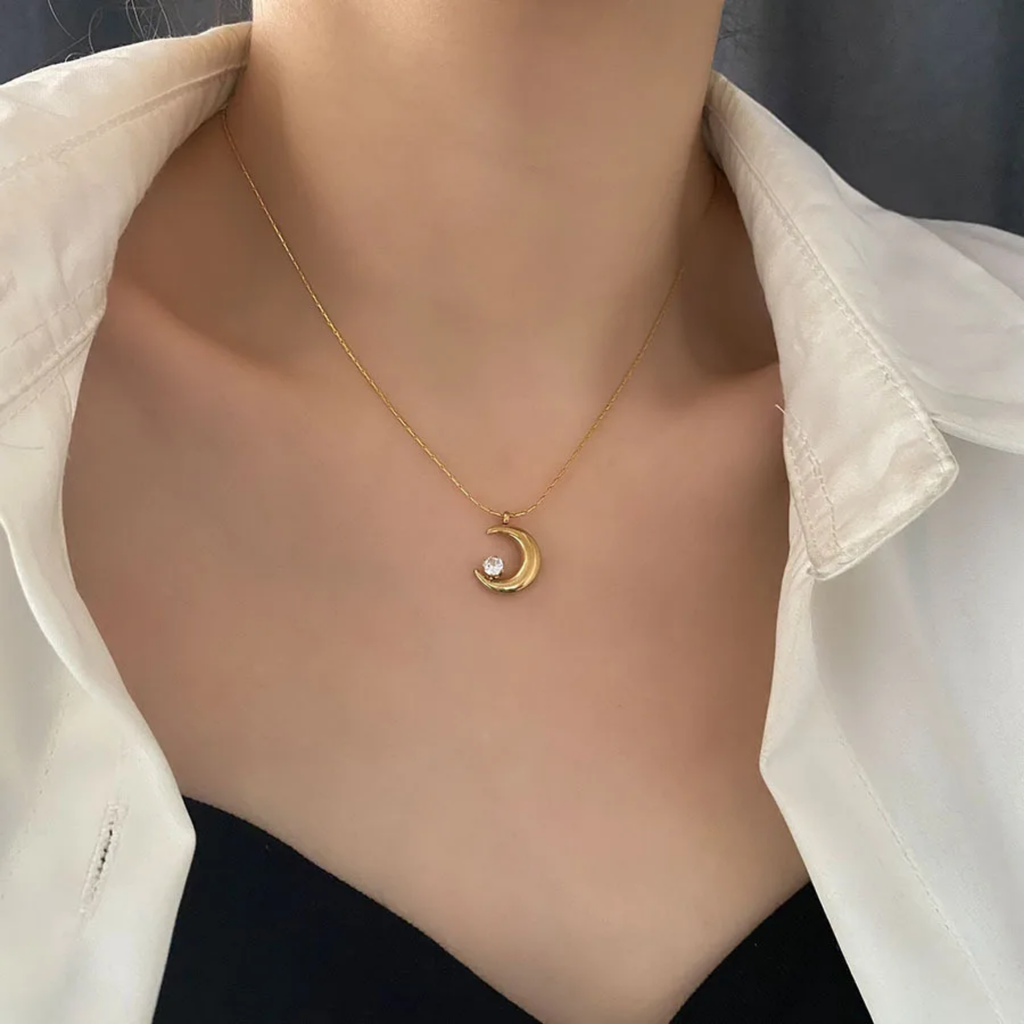 Crescent Moon and Star Pendant With Chain