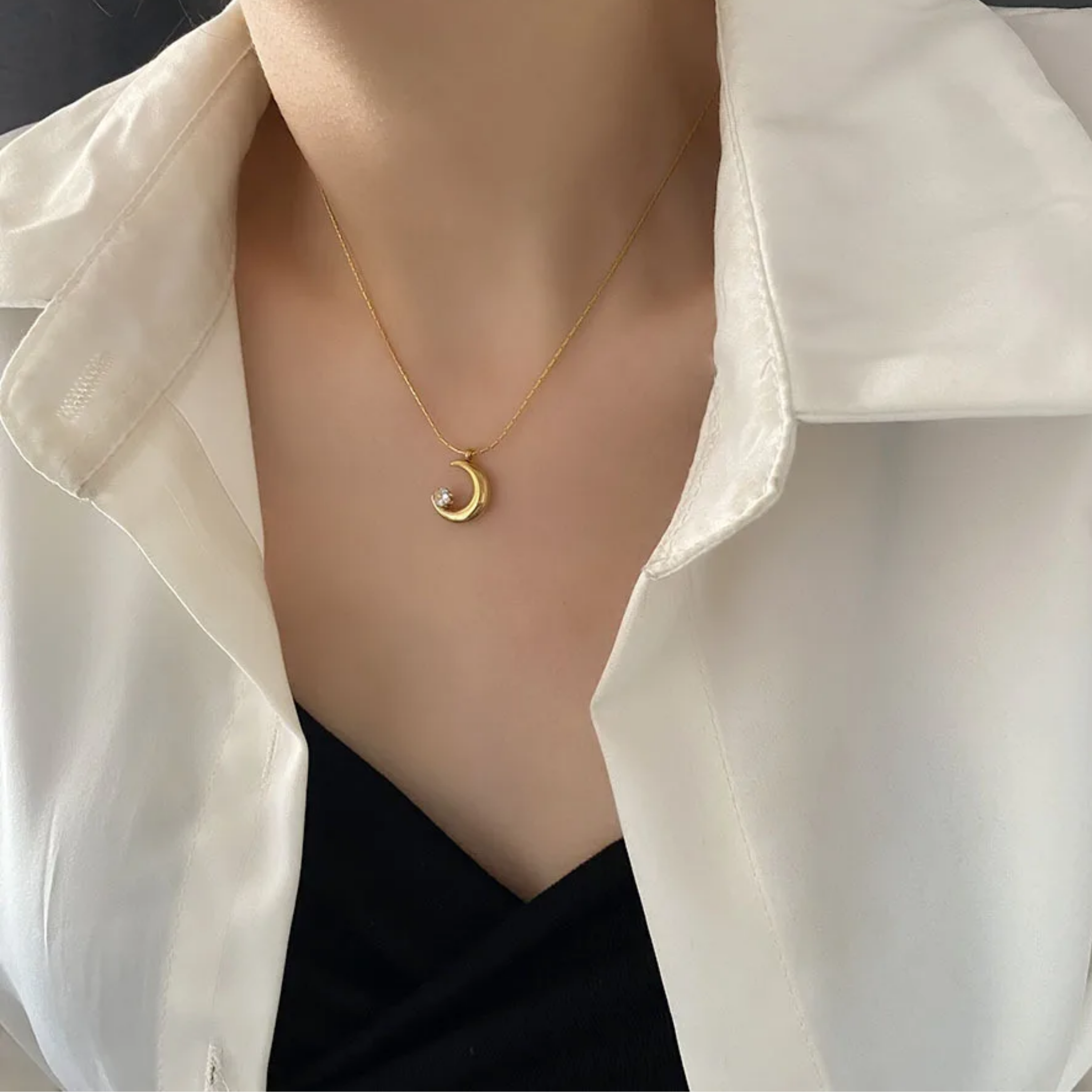 Crescent Moon and Star Pendant With Chain