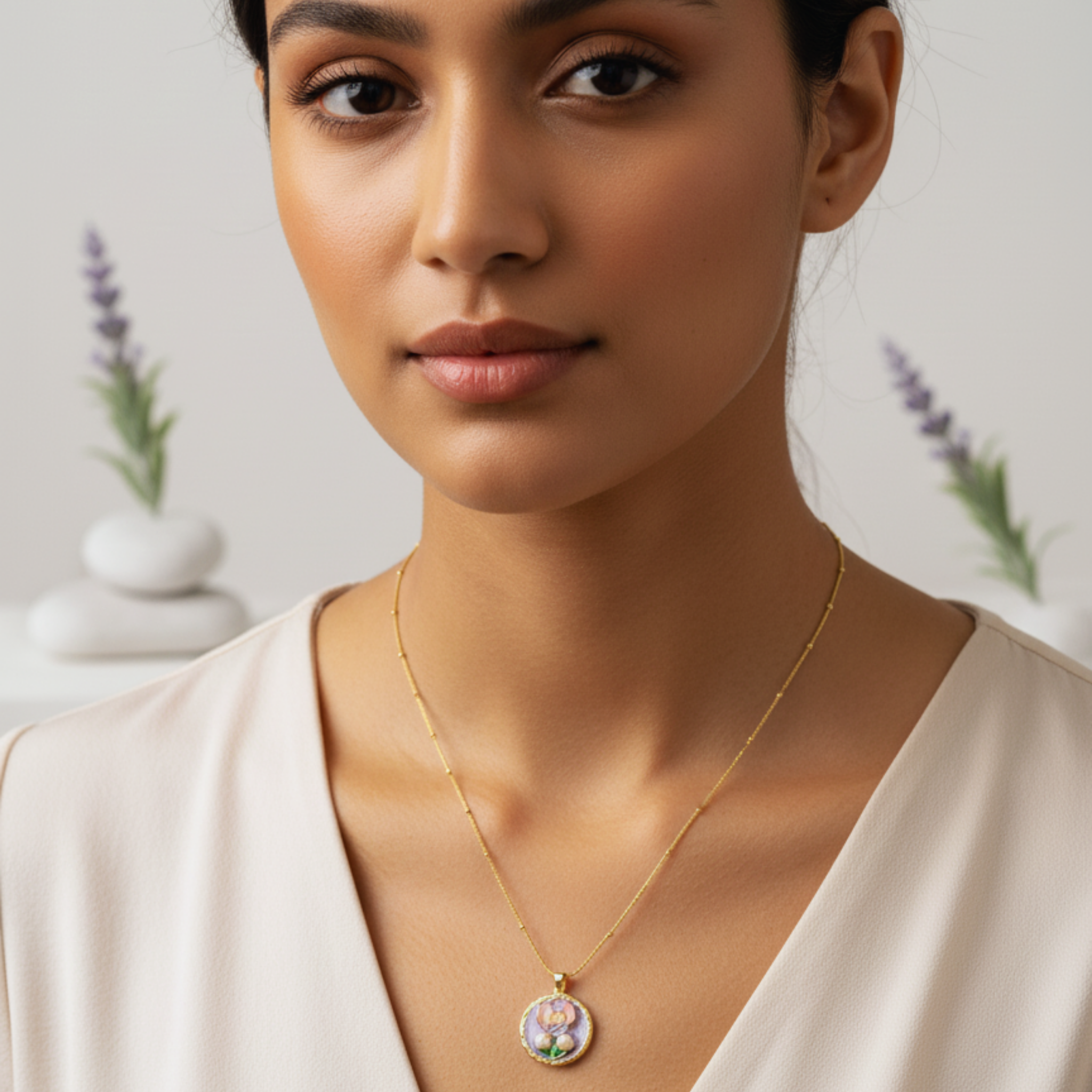 Floral motif gold-toned pendant with chain