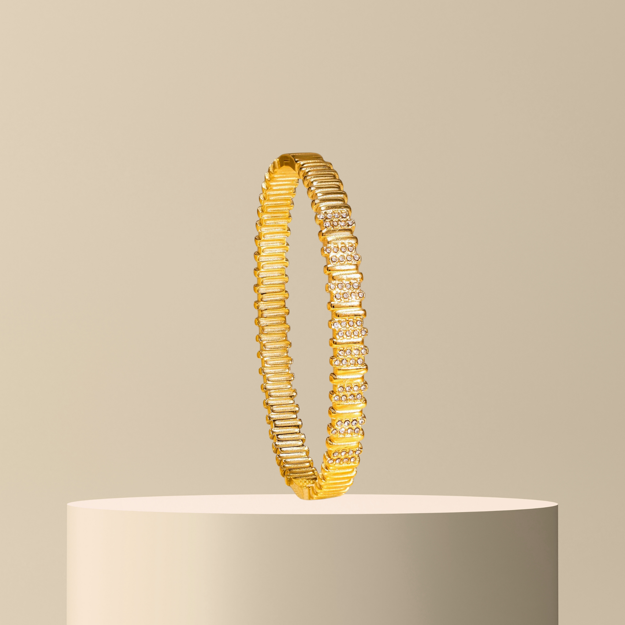 18K Gold-Plated Anti Tarnish Ribbed Stretch Design AD Stone Studded Bracelet