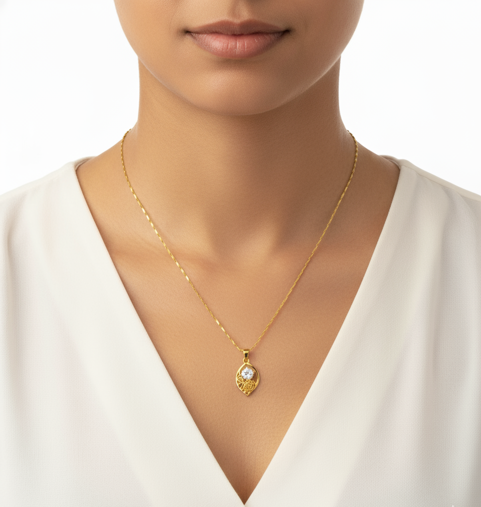 Gold & White Stone Floral Pendant With Chain