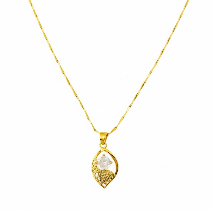 Gold & White Stone Floral Pendant With Chain