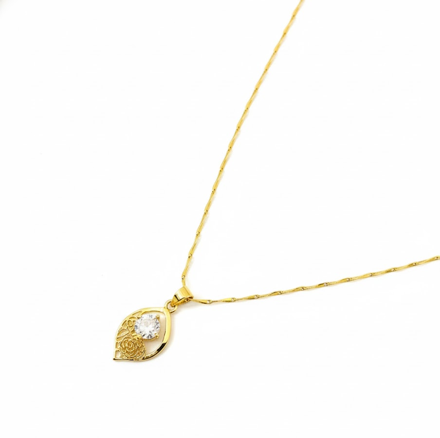Gold & White Stone Floral Pendant With Chain