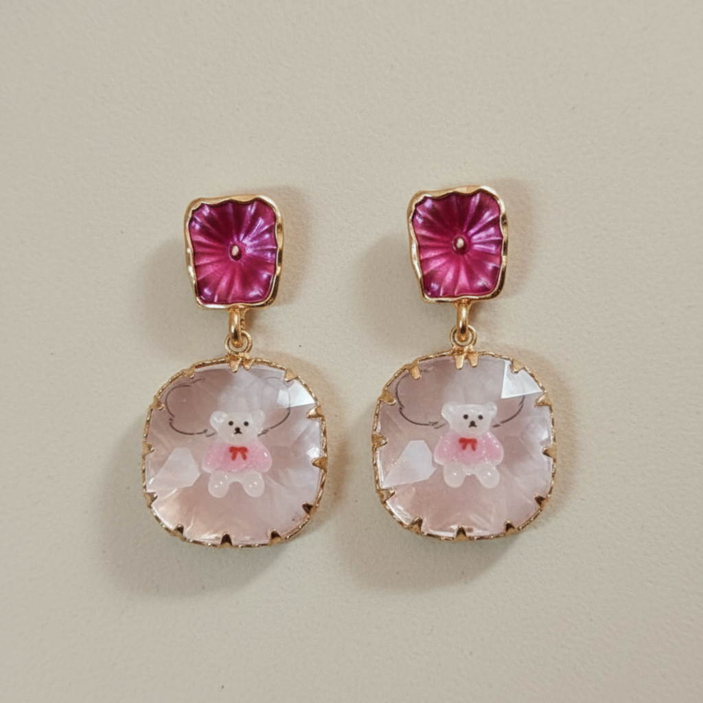 Pink Teddy Charm Dangler Earrings